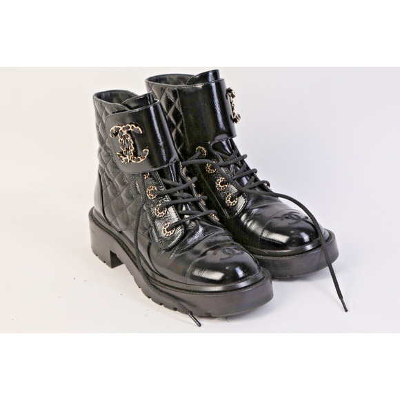 CHANEL Black Logo Quilted Patent Leather Combat Ankle Boots Booties Size 36 - Picture 4 of 14
